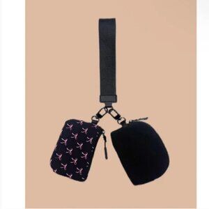 Zenana Coquette Dual Pouch Wristlet Keychain Wallet Black Pink Bow